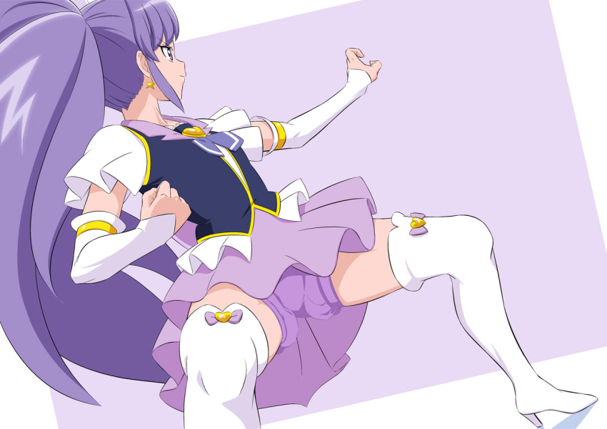 1girl black_vest boots closed_mouth cure_fortune detached_sleeves earrings floating_hair fuchi_(nightmare) grey_background happinesscharge_precure! high_heel_boots high_heels hikawa_iona jewelry long_hair long_sleeves miniskirt ponytail precure purple_hair purple_shorts purple_skirt shiny shiny_hair short_shorts short_sleeves shorts shorts_under_skirt skirt solo stance standing star_(symbol) star_earrings thigh_boots thighhighs v-shaped_eyebrows very_long_hair vest white_footwear white_sleeves