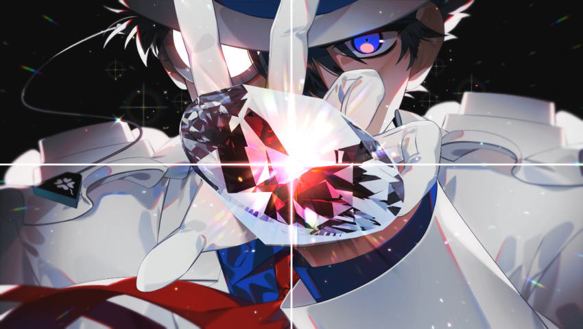 1boy black_background black_hair blue_eyes blurry collared_shirt commentary constricted_pupils covered_mouth depth_of_field diamond_(gemstone) diffraction_spikes formal gem glint gloves hair_between_eyes hand_up hat kaitou_kid kidkuroba4869 light_particles long_sleeves looking_at_viewer magic_kaito male_focus meitantei_conan monocle necktie red_neckwear refraction sanpaku shirt short_hair social_media_composition solo sparkle stitched straight-on suit symbol-only_commentary top_hat white_gloves white_headwear white_suit
