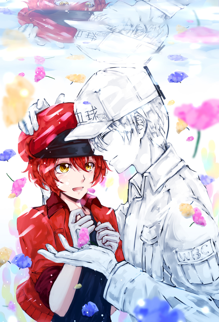 1boy 1girl :d ae-3803 bangs black_shirt breast_pocket bubble cabbie_hat closed_eyes commentary couple cropped_jacket floating flower gloves hair_between_eyes hair_over_one_eye hand_on_another's_head hands_on_own_chest happy hat hataraku_saibou hetero highres hug jacket light_blush light_smile looking_at_another open_clothes open_jacket open_mouth outstretched_hand pink_flower pocket purple_flower red_blood_cell_(hataraku_saibou) red_hair red_headwear red_jacket reflection shirt short_hair side-by-side smile submerged translated u-1146 underwater upper_body white_blood_cell_(hataraku_saibou) white_gloves white_headwear white_shirt xxmarchxx yellow_eyes yellow_flower