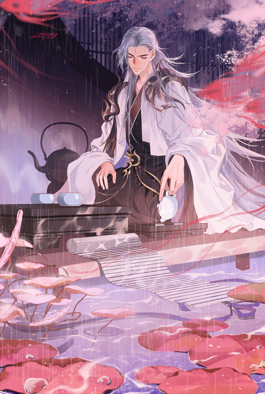 1boy architecture artist_name asian bamboo_scroll chinese_clothes closed_eyes cup dress facial_mark floating_hair flower grey_hair highres holding holding_cup leaf light_smile long_hair male_focus original rain sitting solo tumeii wariza water_drop