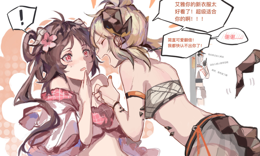3girls arknights arm_strap bare_shoulders black_horns blonde_hair blush breasts brown_hair chinese_text cleavage closed_eyes commentary_request crop_top dragon_horns eyjafjalla_(arknights) eyjafjalla_(summer_flowers)_(arknights) fang flower goat_horns grey_shorts hair_flower hair_ornament hand_up highres horns ifrit_(arknights) ifrit_(sunburn)_(arknights) long_hair looking_at_another motion_lines multiple_girls off-shoulder_swimsuit off_shoulder official_alternate_costume open_mouth orange_nails oripathy_lesion_(arknights) parted_lips pink_eyes pink_flower pink_swimsuit sarashi saria_(arknights) scar_on_arm shirt short_hair shorts silver_hair skin_fang smile speech_bubble sweatdrop swimsuit tail tail_wagging thumbs_up translated walkie-talkie white_background white_shirt white_shorts zuo_daoxing