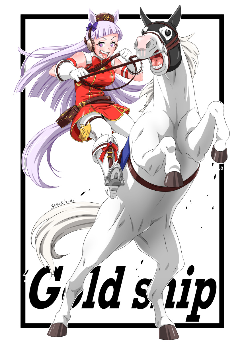 1girl absurdres armband bangs bare_shoulders black_border blunt_bangs boots border buttons character_name creature_and_personification double-breasted english_text eyebrows_visible_through_hair gloves gold_ship_(racehorse) gold_ship_(umamusume) hachikou_p headgear highres holding holding_reins hood horse horse_tail horseback_riding knee_boots leather_belt light_purple_hair long_hair namesake outside_border pantyhose pillbox_hat purple_eyes real_life rearing reins riding saddle scene_reference solo stirrups tail thigh_strap tongue tongue_out umamusume white_footwear white_gloves white_legwear