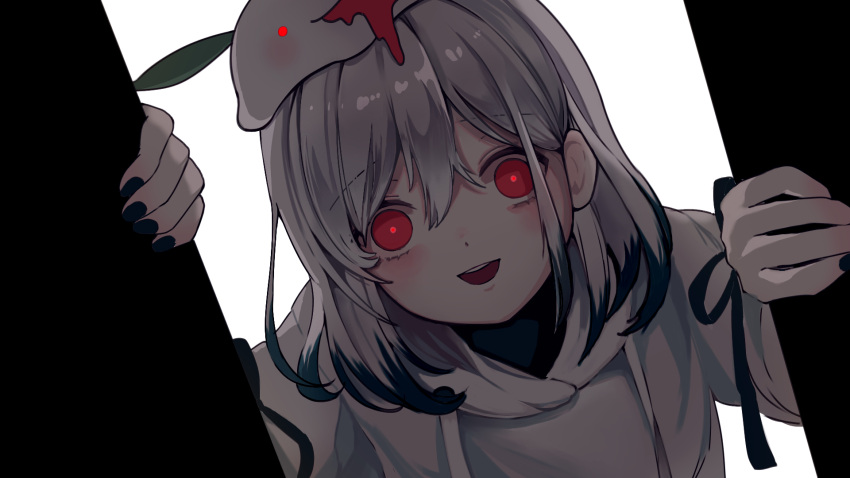 1girl black_nails blush commentary eyebrows_visible_through_hair glowing glowing_eyes highres hood hoodie looking_at_viewer multicolored_hair open_mouth original red_eyes senada37 short_hair silver_hair simple_background solo white_hoodie yandere