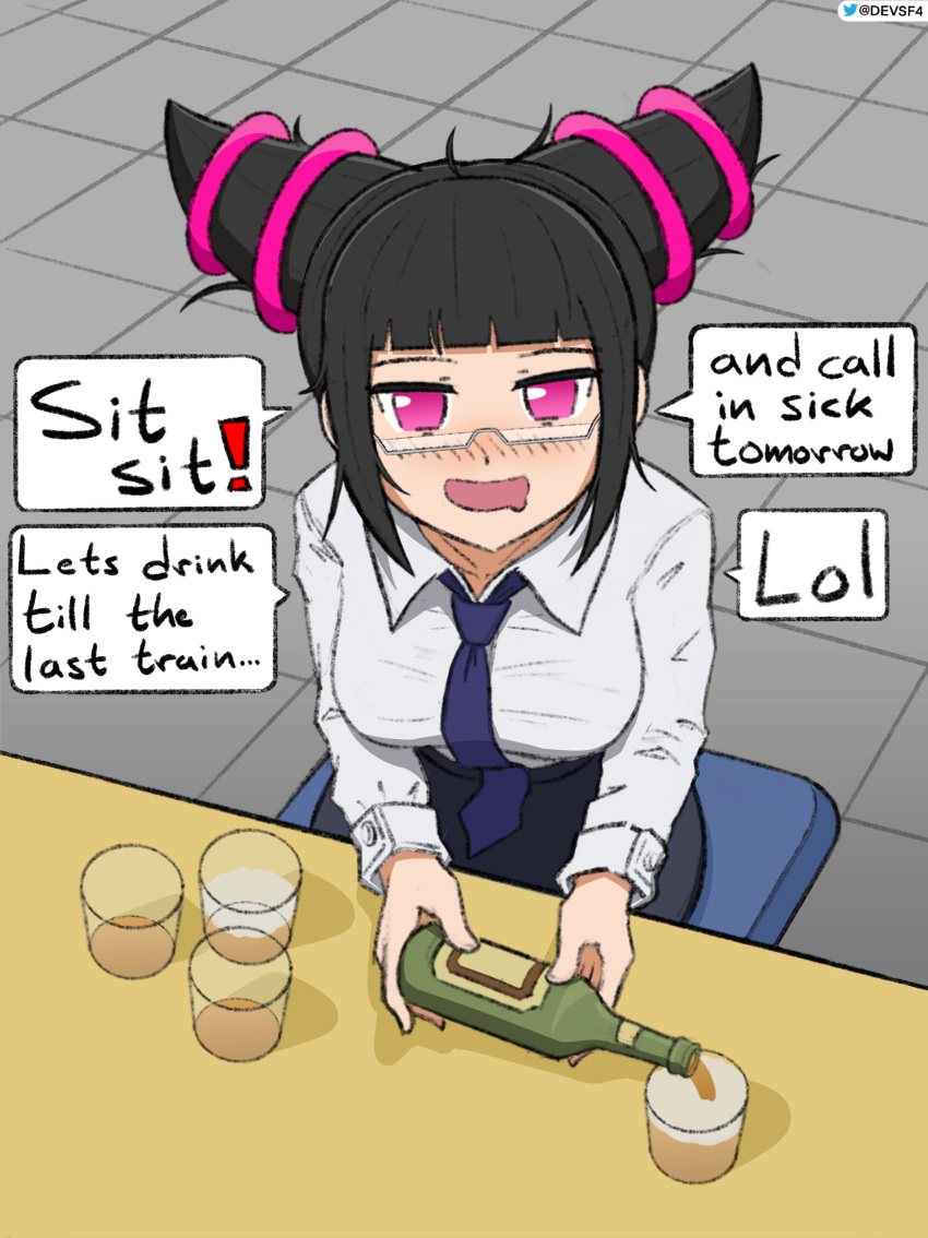 1girl absurdres alcohol bangs bespectacled black_hair black_skirt blue_neckwear blunt_bangs blush bottle breasts devon_(devsf4) drill_hair drooling drunk english_commentary english_text glass glasses han_juri highres large_breasts looking_at_viewer necktie nose_blush office_lady out_of_character pencil_skirt pouring purple_eyes semi-rimless_eyewear shirt short_hair sitting skirt solo street_fighter street_fighter_iv_(series) table tile_floor tiles twin_drills twitter_username under-rim_eyewear watermark white_shirt