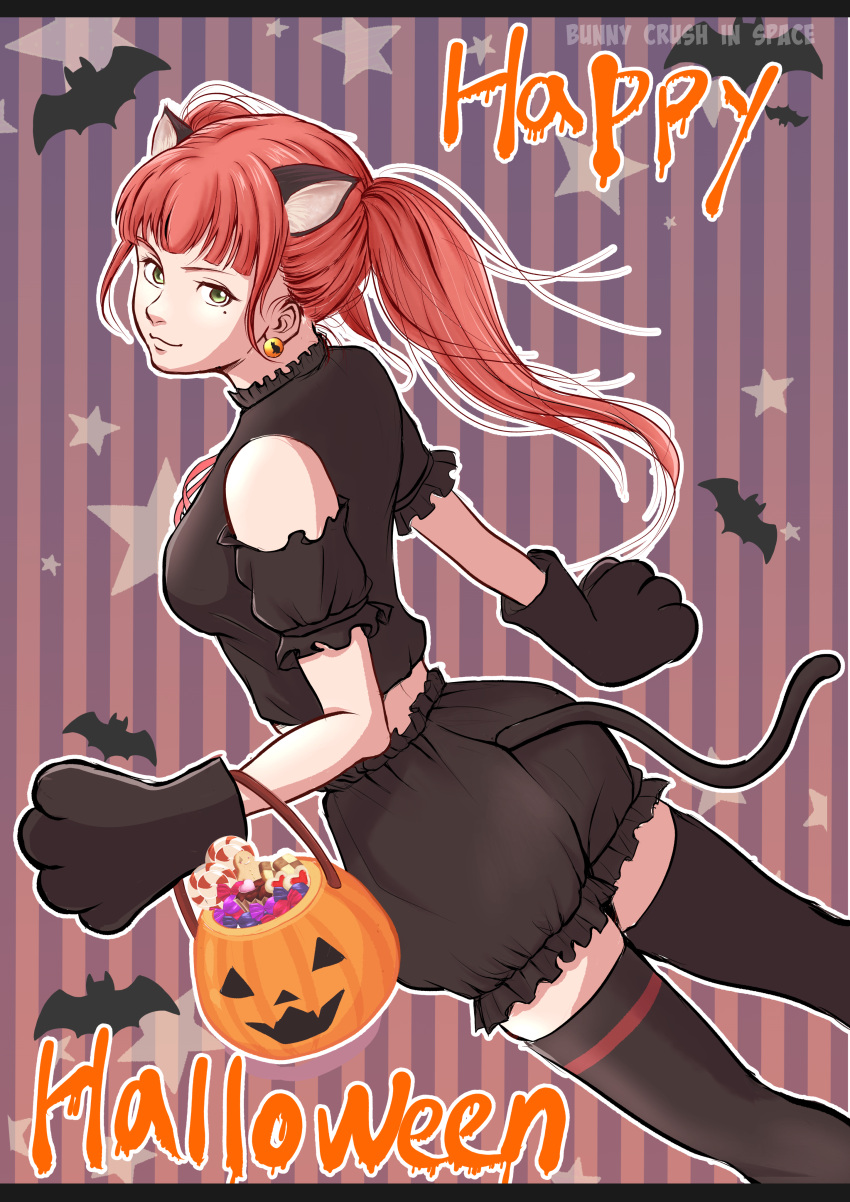 1girl absurdres animal_ears animal_hands candy cat_ears cat_girl cat_tail detached_sleeves earrings food gloves green_eyes happy_halloween highres jack-o'-lantern jewelry lollipop miki_(miki125dragon) mole mole_under_eye orange_hair original paw_gloves pumpkin_pants shirt short_sleeves sleeveless sleeveless_shirt smile solo striped striped_background tail thighhighs twintails