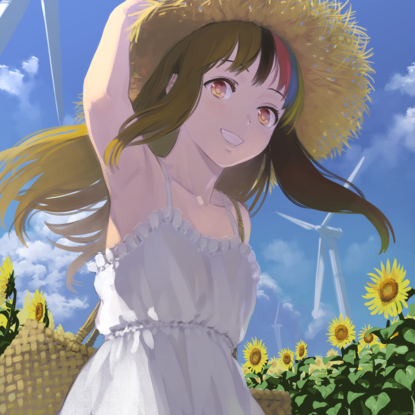 1girl absurdres arm_up armpits bag basket brown_eyes brown_hair cloud commentary day dress field flower flower_field frilled_dress frills from_below galaco grin hand_on_headwear hat highres huge_filesize long_hair looking_at_viewer mixed-language_commentary multicolored_hair outdoors shoulder_bag sky smile solo spaghetti_strap straw_hat streaked_hair sun_hat sundress sunflower tarokazu upper_body vocaloid white_dress wind_turbine