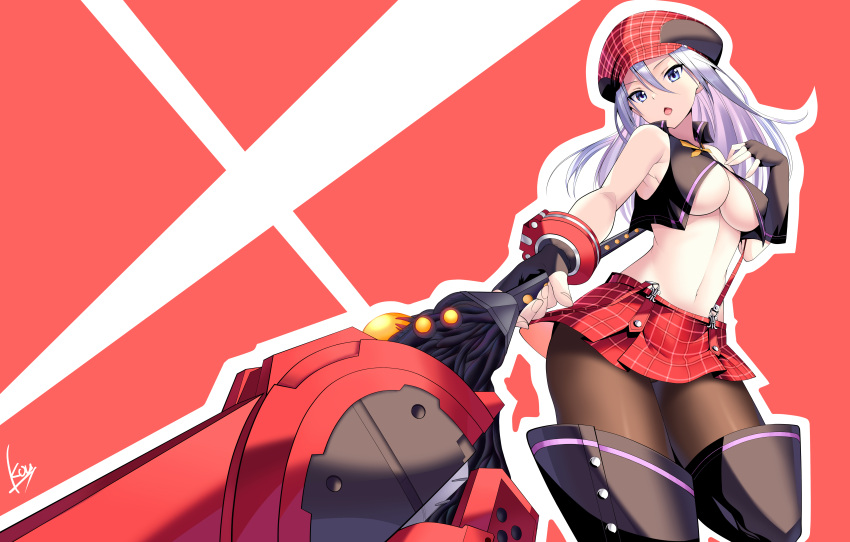 1girl absurdres alisa_ilinichina_amiella boots breasts cabbie_hat daive fingerless_gloves gloves god_eater hat highres huge_weapon large_breasts navel pantyhose plaid_headwear skirt solo suspender_skirt suspenders suspenders_slip thigh_boots thighhighs underboob weapon