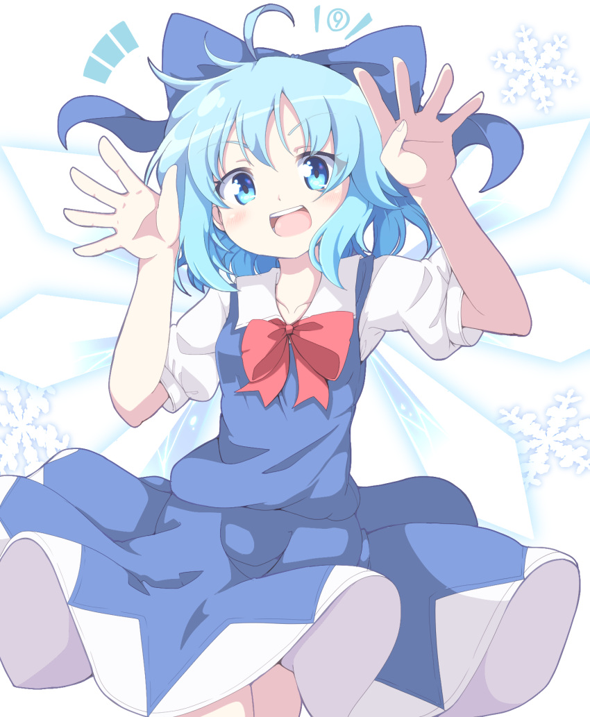 (9) 1girl bangs blue_bow blue_dress blue_eyes blue_hair bow bowtie cirno collar do_(4-rt) dress eyebrows_visible_through_hair eyes_visible_through_hair hair_between_eyes hands_up highres ice ice_wings looking_at_viewer open_mouth puffy_short_sleeves puffy_sleeves red_bow red_neckwear shirt short_hair short_sleeves simple_background smile snowflakes solo standing touhou white_background white_shirt wings