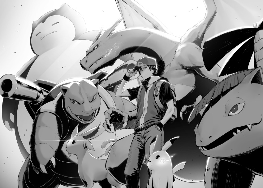 1boy backpack bag baseball_cap black_hair blastoise charizard dragon electricity espeon fangs gen_1_pokemon gen_2_pokemon greyscale hand_in_pocket hand_on_headwear hat highres male_focus monochrome mugetsu2501 pants pikachu pokemon pokemon_(creature) pokemon_(game) pokemon_hgss red_(pokemon) short_hair short_sleeves snorlax venusaur wristband