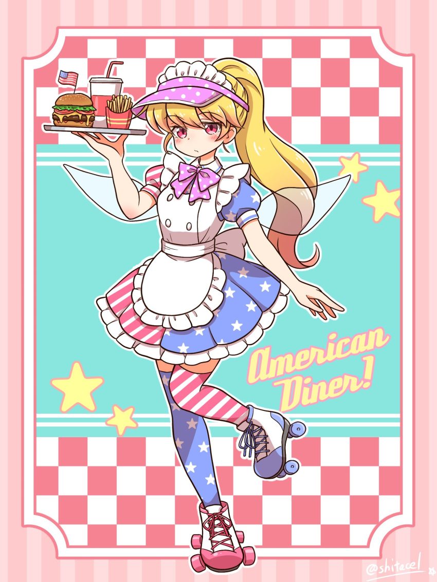 1girl american_flag american_flag_dress american_flag_legwear apron bangs blonde_hair blue_background blue_dress blue_flower bow bowtie burger chips closed_mouth clownpiece cocktail cocktail_glass collar cup dress drinking_glass eyebrows_visible_through_hair eyes_visible_through_hair fairy_wings flower food hair_between_eyes hat highres long_hair looking_at_viewer multicolored multicolored_background multicolored_clothes multicolored_dress pink_background pink_bow pink_flower pink_headwear pink_neckwear polka_dot polka_dot_bow ponytail potato_chips puffy_short_sleeves puffy_sleeves red_dress red_eyes roller_shoes shitacemayo shoes short_sleeves sneakers solo standing standing_on_one_leg star_(symbol) star_print striped striped_background striped_dress thighhighs touhou tray white_apron white_background white_bow white_dress white_footwear wings