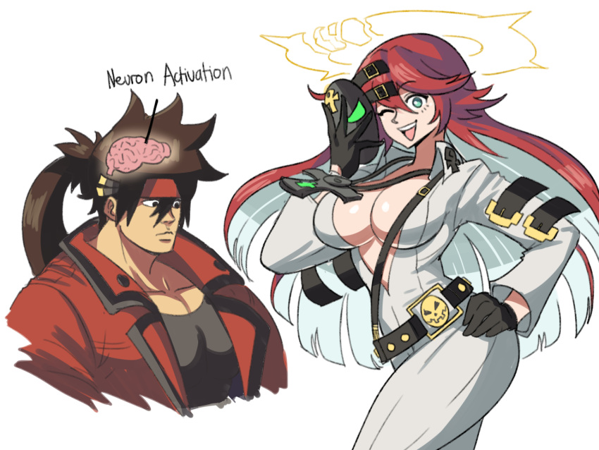 1boy 1girl ankh ankh_necklace aria_(guilty_gear) belt belt_buckle bodysuit brain breasts broken_halo brown_hair buckle collarbone english_commentary english_text green_eyes guilty_gear guilty_gear_strive halo hand_on_hip headband highres holding holding_mask jack-o'_valentine jacket large_breasts long_hair mask meme multicolored_hair muscular muscular_male neuron_activation_(meme) one_eye_closed plunging_neckline ponytail red_hair red_headband red_jacket simple_background sol_badguy tina_fate two-tone_hair white_background white_bodysuit white_hair