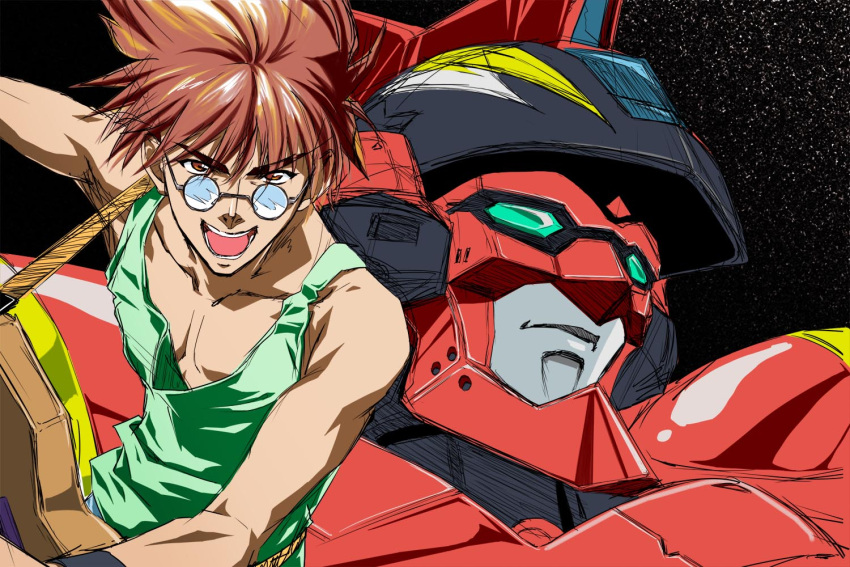 1boy brown_hair collarbone eba_furi eyebrows_visible_through_hair fire_valkyrie glasses green_eyes green_tank_top hair_behind_ear head_tilt looking_at_viewer looking_up macross macross_7 male_focus mecha nekki_basara open_mouth round_eyewear science_fiction space tank_top