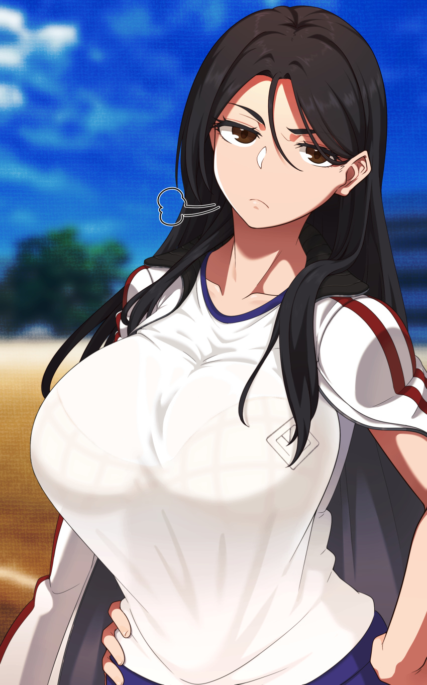 1girl =3 absurdres black_hair blue_shorts blue_sky bra_through_clothes bralines breasts brown_eyes fukiyose_seiri gym_shirt gym_shorts gym_uniform hair_between_eyes hair_over_breasts hands_on_hips highres irokohaku jacket jacket_on_shoulders large_breasts long_hair looking_at_viewer outdoors see-through shirt shorts sky solo toaru_majutsu_no_index track_jacket white_shirt