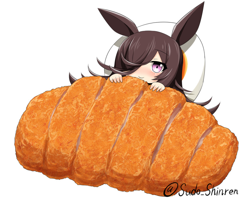 1girl animal_ears bangs blush brown_hair chibi closed_mouth commentary_request eyebrows_visible_through_hair food hair_over_one_eye hands_up horse_ears katsu_(food) looking_at_viewer lying on_back partial_commentary pun purple_eyes rice_shower_(umamusume) simple_background smile solo sudou_noboru twitter_username umamusume white_background