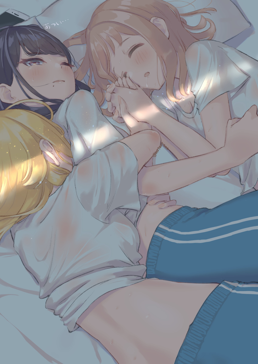 3girls absurdres bed_sheet black_hair blonde_hair blue_pants blush breasts brown_hair cleavage closed_eyes commentary_request drooling from_above girl_sandwich gym_uniform hachimiya_meguru hair_tubes half-closed_eyes highres holding_hands hug hug_from_behind idolmaster idolmaster_shiny_colors kazano_hiori lying medium_breasts midriff mole mole_under_mouth multiple_girls on_side one_eye_closed open_mouth pants pillow sakuragi_mano sandwiched shiny shiny_hair shirt short_sleeves t-shirt umirororo wet wet_clothes wet_shirt white_shirt yuri