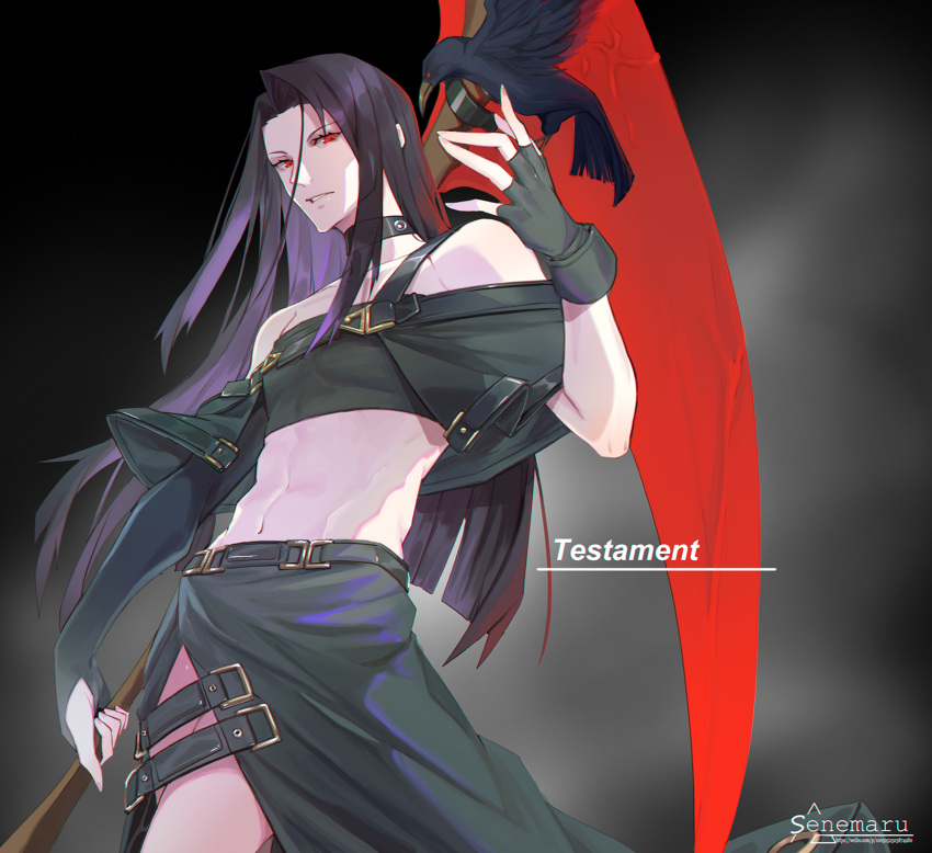 1boy bare_shoulders belt bird choker fingerless_gloves gloves guilty_gear guilty_gear_xx highres long_hair looking_at_viewer midriff pale_skin raven_(animal) red_eyes riyu_(gauzama) scythe skirt testament_(guilty_gear)