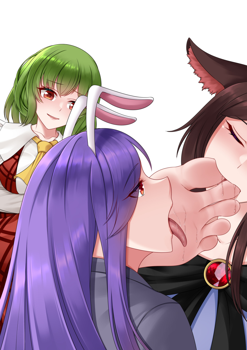 3girls absurdres animal_ears barefoot brown_hair closed_eyes collarbone feet foot_worship gem highres imaizumi_kagerou kazami_yuuka licking licking_foot long_hair medium_hair multiple_girls necktie oirin purple_hair rabbit_ears rabbit_girl red_eyes reisen_udongein_inaba saliva simple_background smile soles toe_sucking toes tongue tongue_out touhou white_background wolf_ears wolf_girl yuri