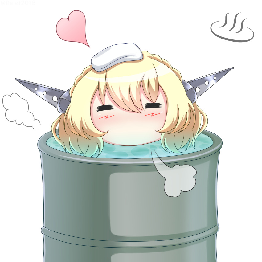 1girl bathing blonde_hair chibi closed_eyes colorado_(kancolle) drum_(container) drum_bath headgear heart highres kantai_collection partially_submerged riretsuto short_hair solo towel towel_on_head white_towel