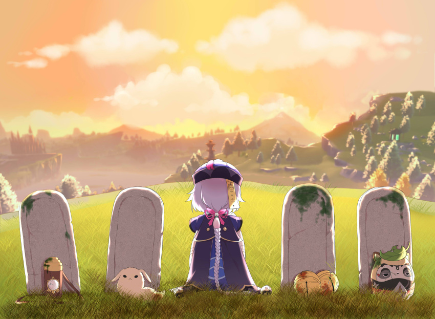 1girl absurdres bell bottle bow candy_rimo commentary crack dodoco_(genshin_impact) english_commentary from_behind genshin_impact grass hair_bow hair_ribbon hat highres jiangshi leaf long_hair long_sleeves low_ponytail mold muji-muji_daruma_(genshin_impact) ofuda purple_hair qing_guanmao qiqi_(genshin_impact) ribbon rust sidelocks sitting solo tombstone twilight vision_(genshin_impact)