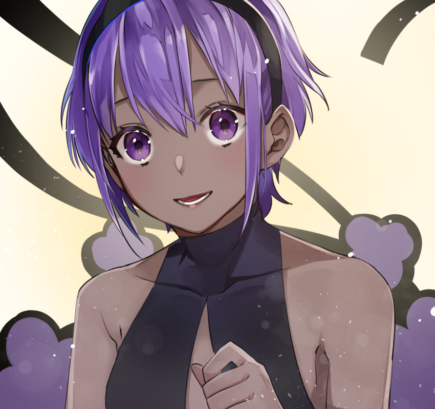 1girl :d black_hairband chun_xia collarbone commentary_request dark_skin fate/prototype fate/prototype:_fragments_of_blue_and_silver fate_(series) hair_between_eyes hairband hassan_of_serenity_(fate) highres light_blush looking_at_viewer open_mouth purple_eyes purple_hair short_hair smile solo upper_body