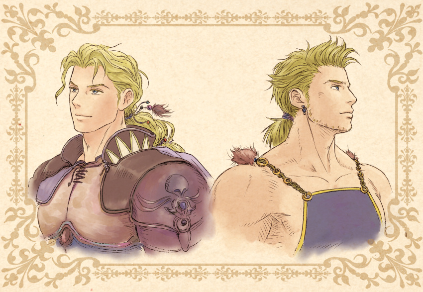 2boys armor blonde_hair blue_eyes brothers earrings edgar_roni_figaro facial_hair final_fantasy final_fantasy_vi highres jewelry manly mash_rene_figaro multiple_boys muscular muscular_male pectorals ponytail siblings sidepec simple_background stubble tied_hair twins upper_body windcaller