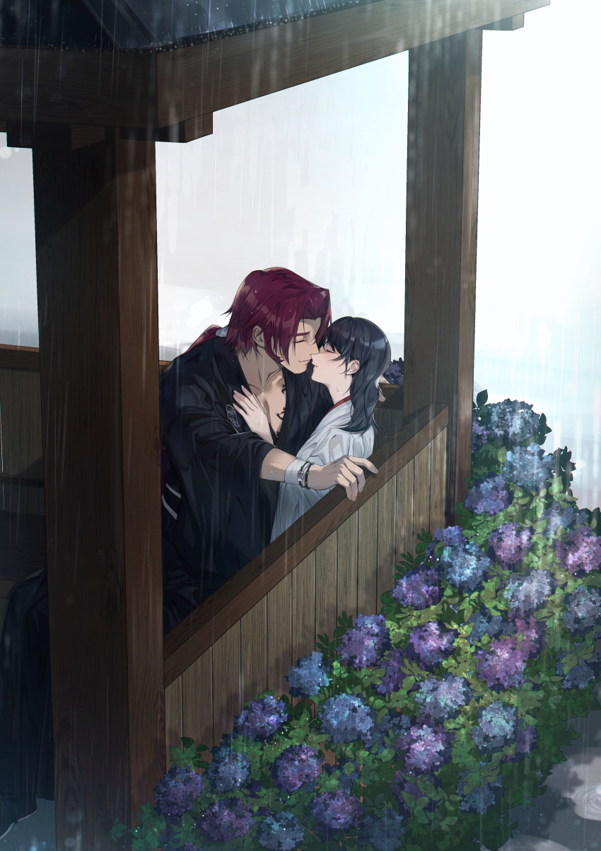 1boy 1girl absurdres black_hair bracelet closed_eyes female_saniwa_(touken_ranbu) flower hakama hakama_skirt hand_on_another's_chest hetero highres huge_filesize hydrangea imminent_kiss japanese_clothes jewelry onota_(fkdx2243) ponytail rain red_hair saniwa_(touken_ranbu) sideburns sitting skirt smile tonbokiri_(touken_ranbu) touken_ranbu