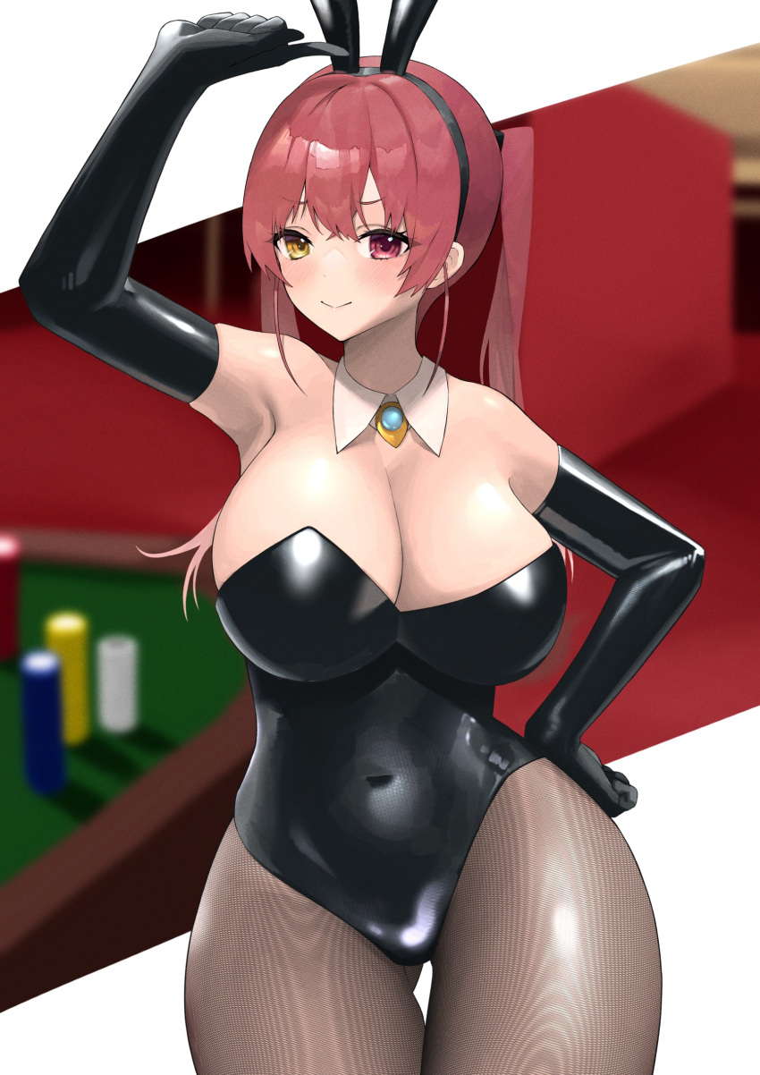 1girl absurdres animal_ears arm_up armpits bare_shoulders bisco_(bisco_art) black_gloves black_leotard breasts casino cleavage contrapposto covered_navel detached_collar elbow_gloves error eyebrows_visible_through_hair fake_animal_ears gloves hand_on_hip heterochromia highres hololive houshou_marine huge_breasts leotard light_blush long_hair looking_at_viewer pantyhose playboy_bunny polydactyly rabbit_ears red_eyes red_hair skin_tight skindentation smile smirk solo strapless strapless_leotard thighs twintails virtual_youtuber yellow_eyes
