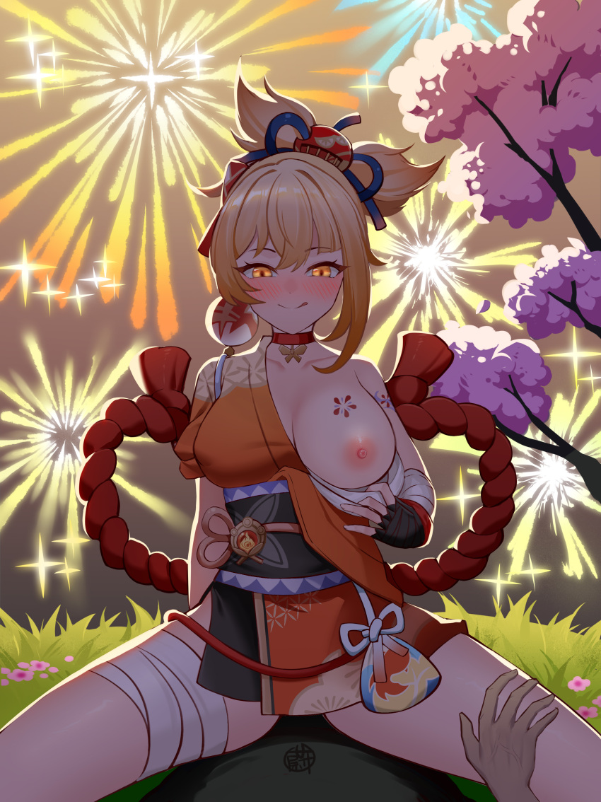 1boy 1girl :p absurdres arm_tattoo blush breast_tattoo breasts choker fireworks genshin_impact girl_on_top hair_ornament hetero highres japanese_clothes kimono large_breasts licking_lips looking_at_viewer lying mikewei naughty_face nipples on_back one_breast_out orange_hair orange_kimono sitting sitting_on_person sky smile spread_legs tattoo tied_hair tongue tongue_out tree yoimiya_(genshin_impact)