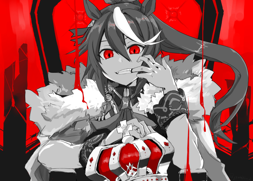 1girl adapted_costume animal_ears ascot biting bow crown crown_removed epaulettes ermine finger_biting fur_trim gloves hair_between_eyes hair_bow high_ponytail holding_crown horse_ears horse_girl king_(vocaloid) long_hair long_sleeves looking_at_viewer multicolored_hair pov red_background red_eyes single_epaulette solo streaked_hair throne tokai_teio_(umamusume) two-tone_hair umamusume yami_shigeru