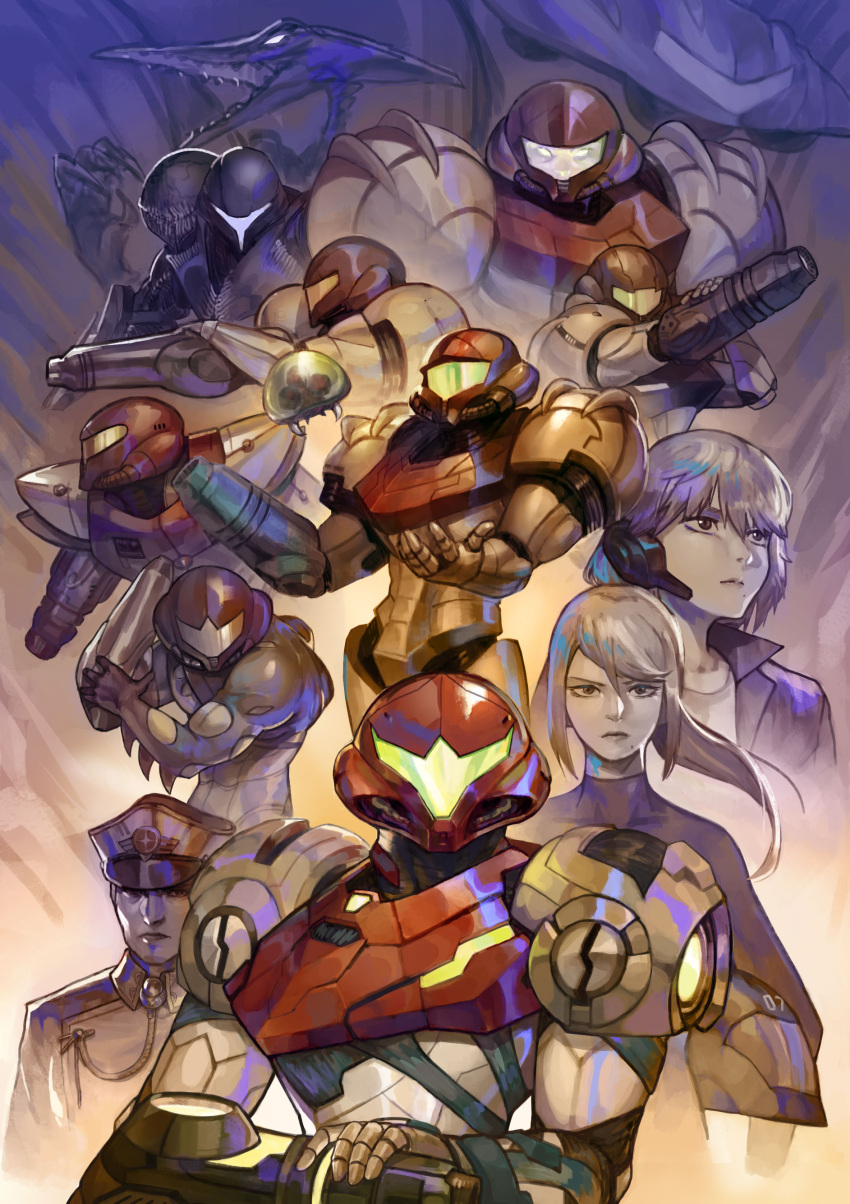 1boy 2girls 6+others absurdres adam_malkovich arm_cannon boridongja dark_samus duplicate fusion_suit glowing glowing_eyes helmet highres long_hair looking_at_viewer metroid metroid_(creature) metroid_dread metroid_fusion metroid_prime military military_uniform monster multiple_girls multiple_others multiple_persona pixel-perfect_duplicate ponytail power_armor ridley sa-x samus_aran uniform varia_suit weapon zero_suit