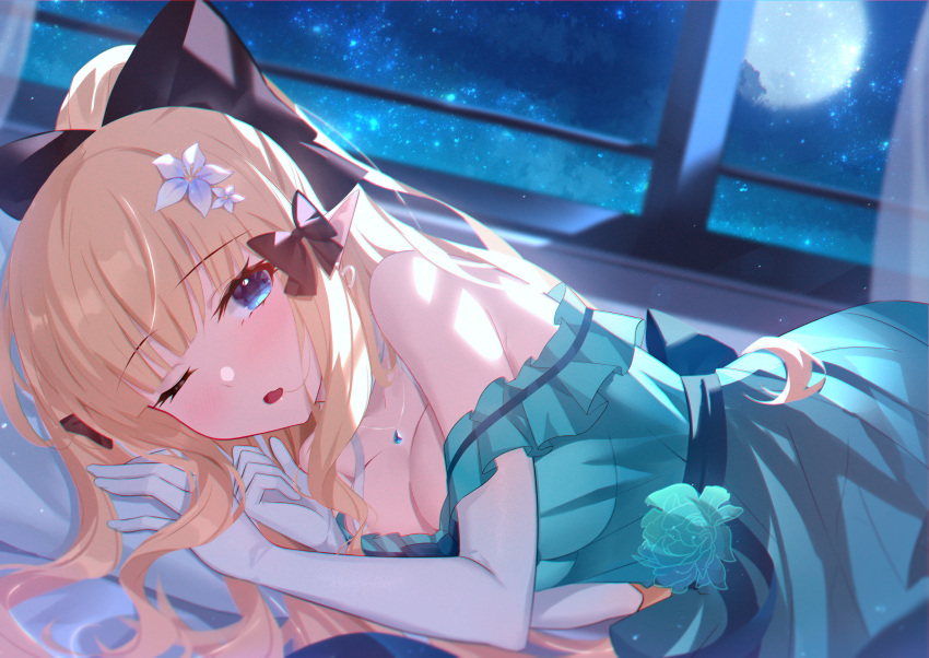 aqua_eyes bed black_fire blonde_hair blush bow breasts cleavage dress elbow_gloves fang gloves long_hair moon night pointed_ears ponytail princess_connect! sasaki_saren sky stars wink