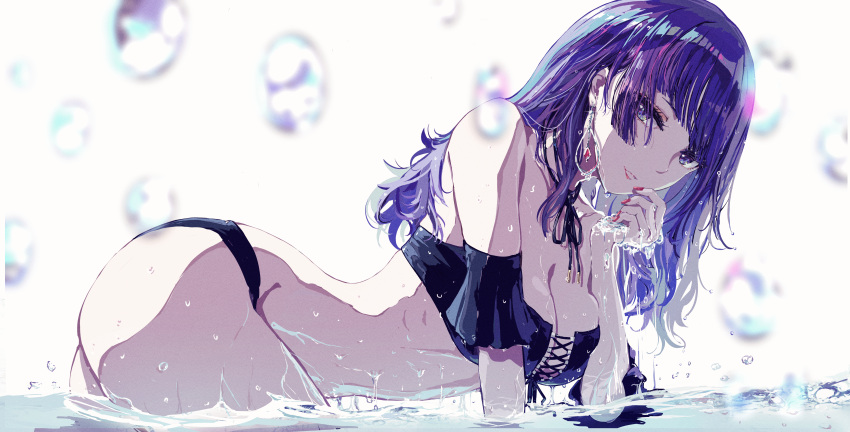 ass breasts bubbles cleavage idolmaster idolmaster_shiny_colors long_hair minyom no_bra polychromatic purple_eyes purple_hair tanaka_mamimi water wet