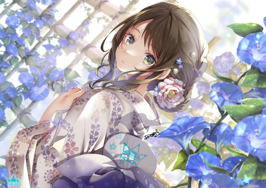 akatsuki_hijiri aliasing bow brown_hair fan flowers green_eyes huion japanese_clothes kimono logo original signed