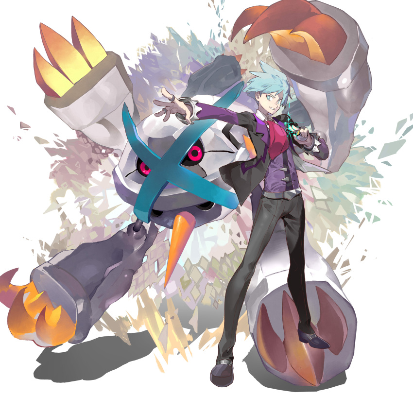 1boy absurdres alternate_color bangs blue_eyes blue_hair commentary gen_3_pokemon highres hiro_(user_negm3832) holding holding_poke_ball jacket jewelry legs_apart long_sleeves male_focus mega_metagross mega_pokemon metagross necktie open_clothes open_jacket outstretched_arm pants parted_lips poke_ball pokemon pokemon_(creature) pokemon_(game) pokemon_oras ring shiny_pokemon shirt shoes short_hair smile spiked_hair spread_fingers standing steven_stone vest white_shirt