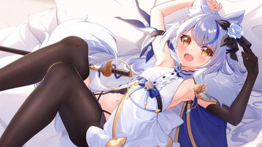 animal_ears brown_eyes dango_remi elbow_gloves elza_(dango_remi) fang gloves gray_hair navel sideboob sword weapon wolfgirl