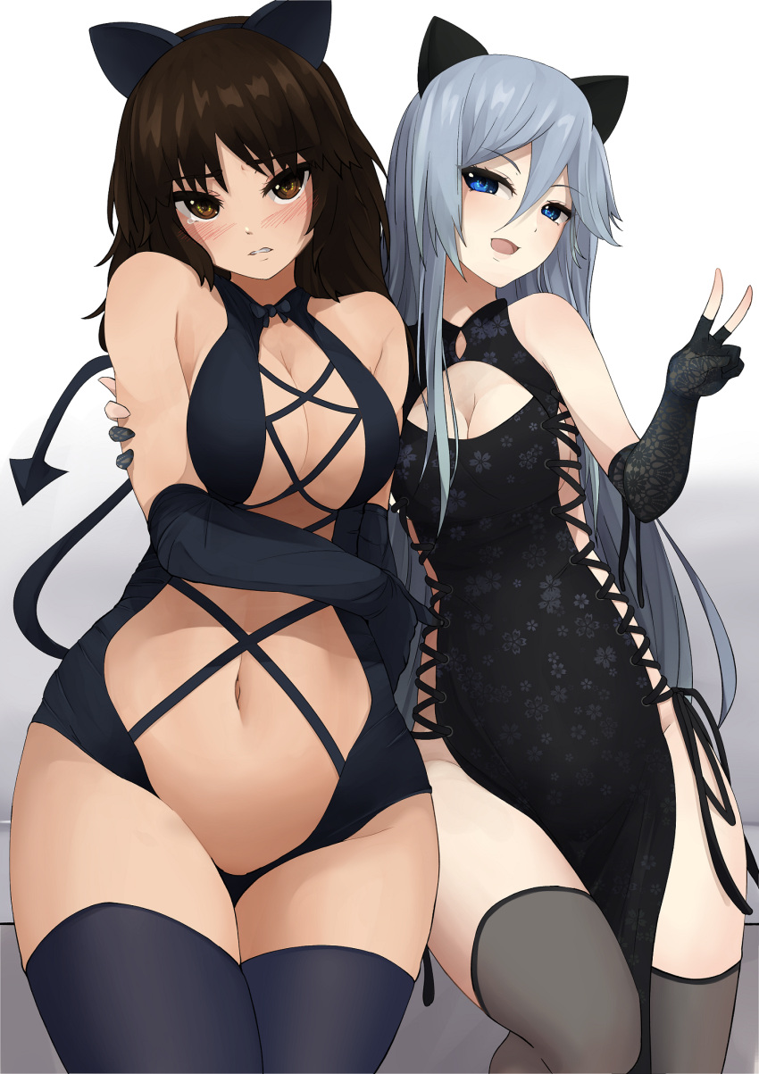 2girls animal_ears arm_around_shoulder bangs black_dress black_gloves black_hair black_legwear black_leotard blue_eyes blush blush_stickers breasts brown_eyes cleavage cleavage_cutout clothing_cutout cowboy_shot demon_tail dress elbow_gloves fake_animal_ears fake_tail flint_(girls_und_panzer) floral_print frown girls_und_panzer gloves grey_hair grey_legwear hair_between_eyes half-closed_eyes halterneck highres kakimoto_nao large_breasts leotard long_hair looking_at_viewer medium_breasts medium_dress medium_hair multiple_girls murakami_(girls_und_panzer) navel open_mouth parted_lips partially_fingerless_gloves print_dress side-by-side side-tie_dress smile standing tail tearing_up thighhighs v