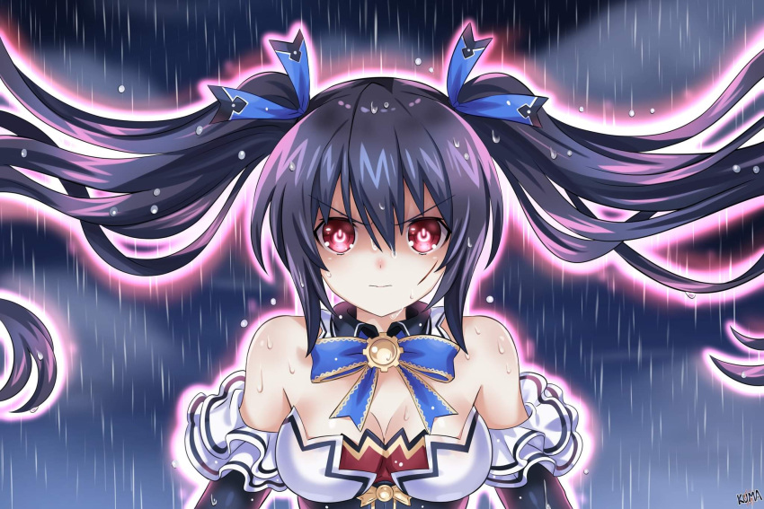 1girl bare_shoulders black_hair blue_ribbon breasts cleavage commission detached_collar english_commentary eyebrows_visible_through_hair floating_hair glowing hair_between_eyes hair_ribbon highres lewdkuma long_hair looking_at_viewer medium_breasts neptune_(series) noire power_symbol rain red_eyes ribbon signature solo symbol-shaped_pupils twintails wet