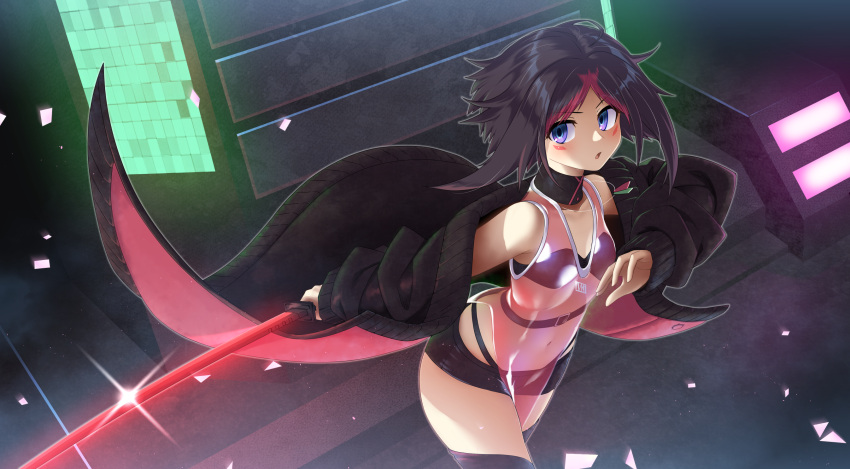 1girl azki_(hololive) black_hair black_jacket black_shorts blush breasts building commentary_request dress glint highres holding holding_sword holding_weapon hololive jacket katana looking_at_viewer mizunashi_(second_run) multicolored_hair navel night off_shoulder open_clothes open_jacket outdoors parted_lips pelvic_curtain pink_dress purple_eyes red_hair see-through short_shorts shorts sleeveless sleeveless_dress small_breasts solo streaked_hair sword virtual_youtuber weapon