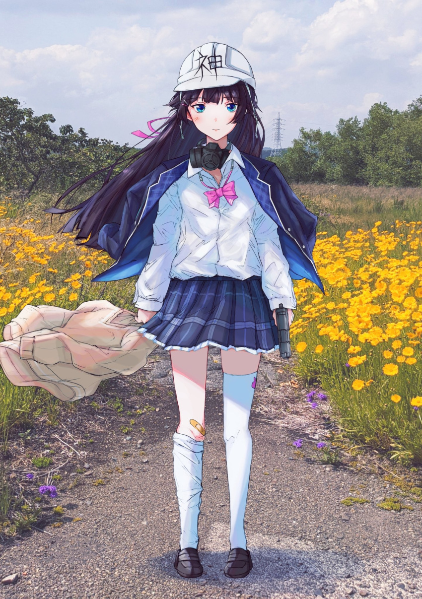 1girl asymmetrical_legwear bandaid bandaid_on_knee black_hair blazer blush bow bowtie brown_cardigan cardigan cardigan_removed cloud cloudy_sky collared_shirt commentary denpa_onna_to_seishun_otoko dorothy_xi expressionless floating_hair flower full_body gun hair_ornament hair_ribbon hairclip handgun hardhat hat helmet highres holding holding_gun holding_weapon jacket jacket_on_shoulders loafers long_hair long_sleeves looking_at_viewer loose_bowtie mask mask_removed nijisanji outdoors photo_background pink_bow pink_neckwear pink_ribbon pistol plaid plaid_skirt pleated_skirt respirator ribbon school_uniform shinsei_kamattechan shirt shoes skirt sky solo thighhighs transmission_tower tree tsukino_mito uneven_legwear virtual_youtuber weapon