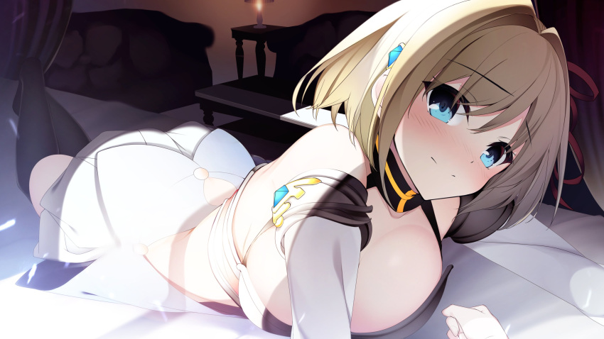 1girl absurdres ass bangs bare_shoulders black_legwear blonde_hair blue_eyes blush breasts cleavage hair_ornament highres large_breasts looking_at_viewer lying netarou on_stomach original short_hair skirt smile solo thighhighs thighs white_skirt