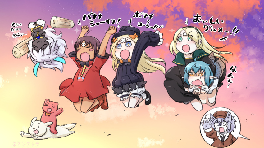 &gt;_&lt; +_+ 2boys 4girls :3 :d abigail_williams_(fate) animal arjuna_alter_(fate) arms_up asha_(fate) bangs black_dress black_footwear black_hair black_headwear blonde_hair bloomers blush_stickers boots bow brown_footwear brown_headwear brown_jacket cabbie_hat capelet chikuwa closed_eyes closed_mouth cloud commentary_request crossed_bandaids dark-skinned_female dark_skin dog dress eyebrows_visible_through_hair fate/grand_order fate_(series) food furry gerda_(fate) green_capelet green_eyes hair_bow hat highres hope_(fate) jacket jumping kirara_jump long_hair long_sleeves multiple_boys multiple_girls neon-tetora open_mouth orange_bow outdoors parted_bangs patxi_(fate) pointy_ears red_dress shoes short_sleeves sky sleeves_past_fingers sleeves_past_wrists smile socks stuffed_animal stuffed_toy sunset teddy_bear translation_request underwear v-shaped_eyebrows very_long_hair white_bloomers white_hair white_legwear xd
