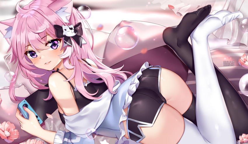 animal_ears ass blush bubbles cat_smile catgirl flowers game_console long_hair nyatasha_nyanners pink_hair purple_eyes shorts squchan thighhighs vshojo watermark