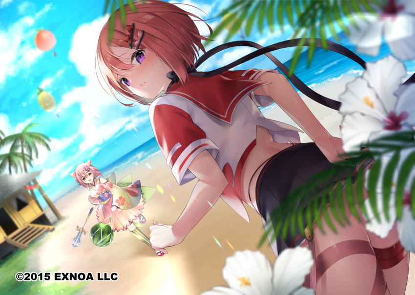 2girls aliasing anthropomorphism beach chocolate_cosmos_(flower_knight_girl) flower_knight_girl food fruit sakofu tagme_(character) water watermark watermelon