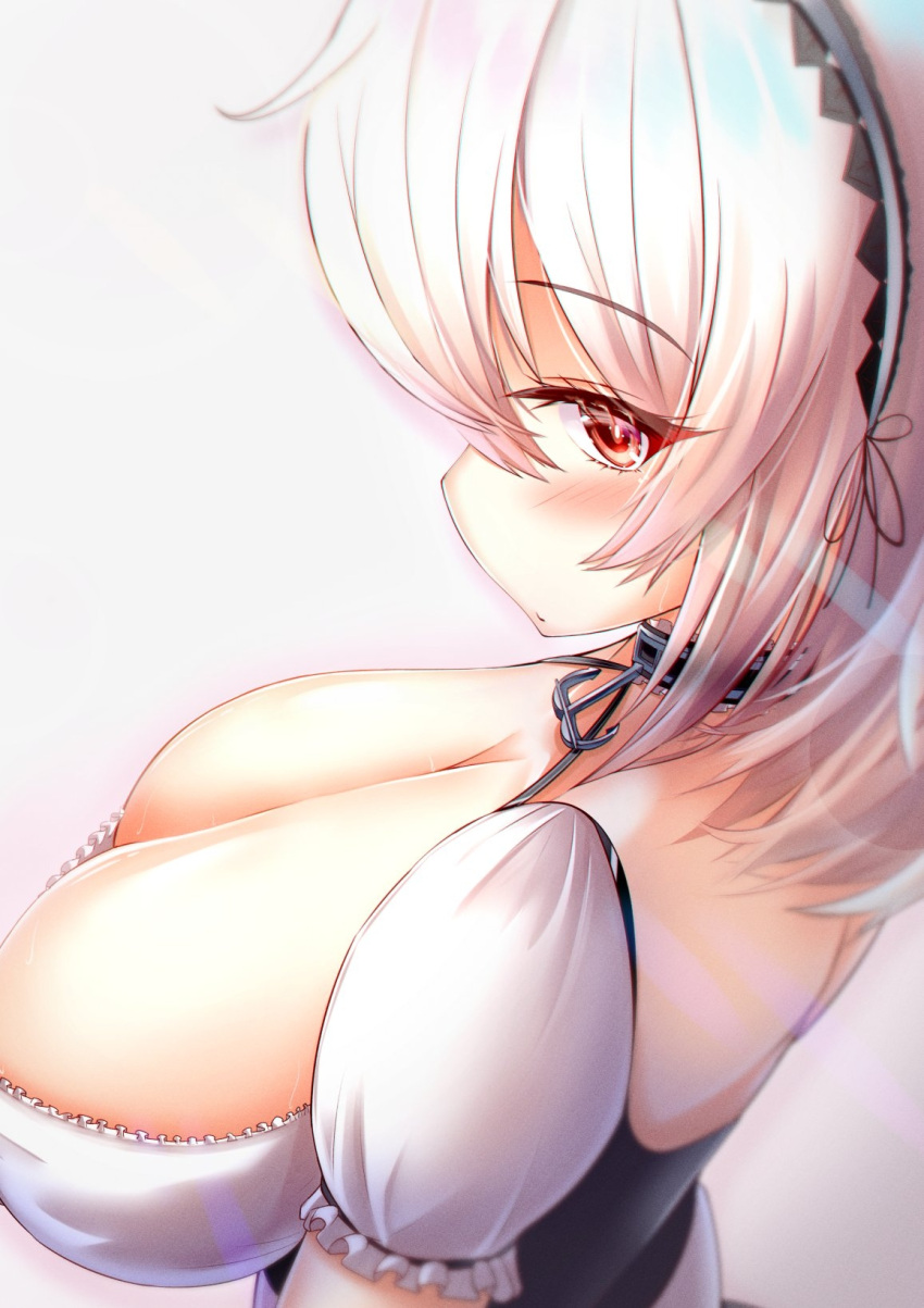 1girl anchor_choker azur_lane breasts cleavage dress eyebrows_visible_through_hair frilled_dress frills from_above from_side highres large_breasts ogamaru puffy_short_sleeves puffy_sleeves red_eyes short_sleeves simple_background sirius_(azur_lane) solo white_background white_hair