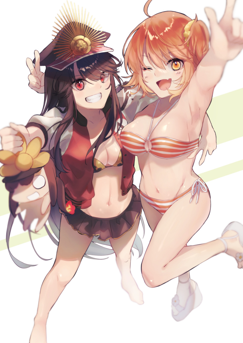 2girls ahoge arm_up armpits bangs bare_arms bare_legs bare_shoulders barefoot bikini black_hair breasts eyebrows_behind_hair eyebrows_visible_through_hair fate/grand_order fate_(series) fujimaru_ritsuka_(female) hair_between_eyes hairband hat highres jacket legs long_hair looking_at_viewer military_hat mipi multiple_girls oda_nobunaga_(fate) oda_nobunaga_(swimsuit_berserker)_(fate) one_eye_closed open_mouth orange_eyes orange_hair pointing pointing_up red_eyes sandals short_hair side_ponytail simple_background skirt smile swimsuit teeth victory_pose white_background