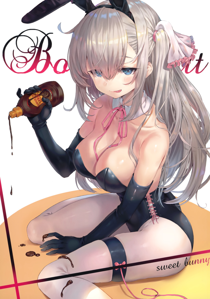 1girl :p absurdres bare_shoulders black_gloves blue_eyes bottle breasts chocolate chocolate_syrup cleavage collarbone elbow_gloves english_text gloves grey_hair hair_between_eyes hair_ribbon highres holding holding_bottle large_breasts long_hair looking_at_viewer original pantyhose pink_neckwear pink_ribbon playboy_bunny rangen ribbon scan simple_background sitting solo tongue tongue_out white_background white_legwear white_ribbon