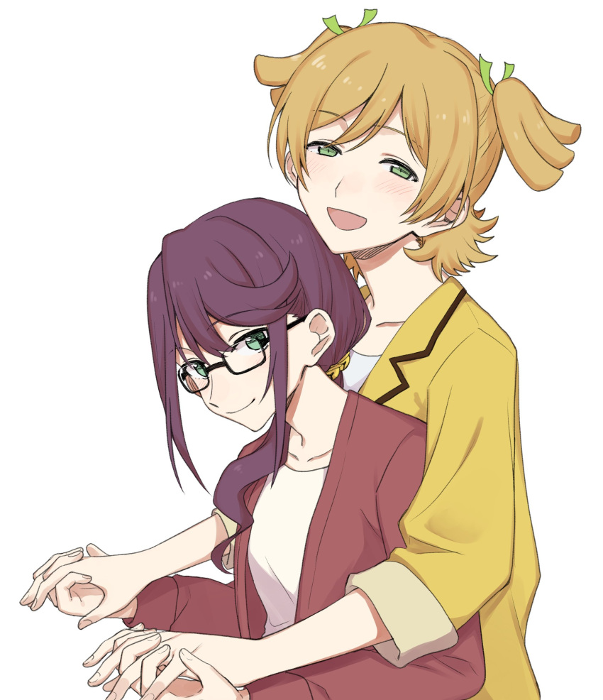 2girls :d bangs behind_another bell black-framed_eyewear blush closed_mouth collarbone commentary_request daiba_nana eyebrows_visible_through_hair glasses green_eyes green_ribbon hair_bell hair_ornament hair_over_shoulder hair_ribbon half-closed_eyes hands_up height_difference highres holding_hands hoshimi_junna interlocked_fingers jacket jingle_bell light_brown_hair long_hair long_sleeves looking_at_viewer low_ponytail multiple_girls nagisa_(12363) open_clothes open_jacket open_mouth ponytail purple_hair red_jacket ribbon shirt short_hair short_twintails shoujo_kageki_revue_starlight sidelocks simple_background sleeves_folded_up sleeves_past_elbows smile standing swept_bangs twintails upper_body white_background white_shirt yellow_jacket yuri
