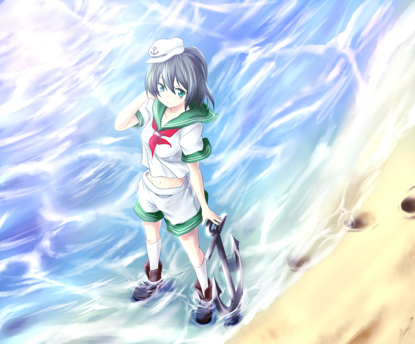 anchor black_hair chaigidhiell green_eyes hat murasa_minamitsu sailor sailor_collar sailor_hat short_hair solo touhou