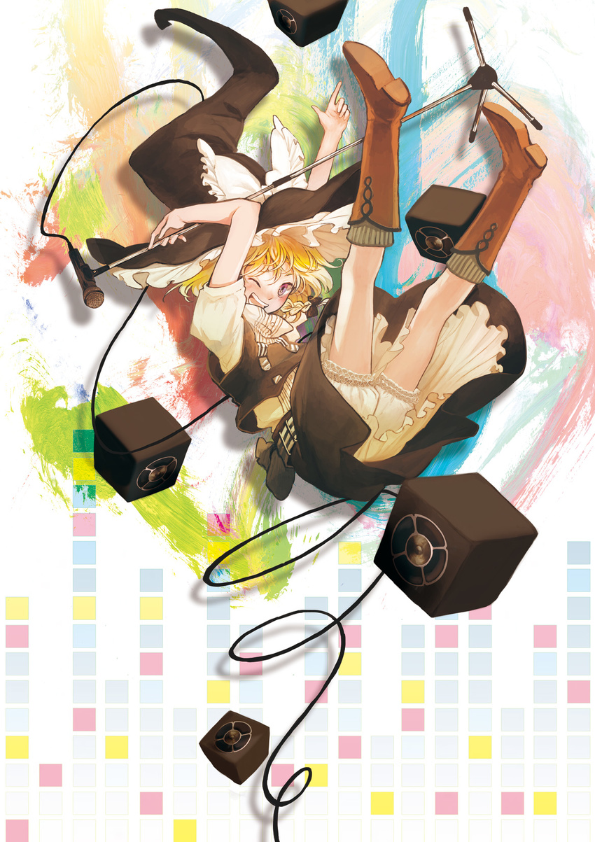 arms_up belt blonde_hair bloomers blush boots bow braid falling french_braid frills full_body hair_bow happy hat hat_bow highres kirisame_marisa knee_boots kneehighs looking_at_viewer microphone microphone_stand one_eye_closed open_mouth paint_splatter pointing pointing_up puffy_sleeves shadow short_hair short_sleeves skirt sleeveless solo sugi teeth touhou underwear white_background witch_hat