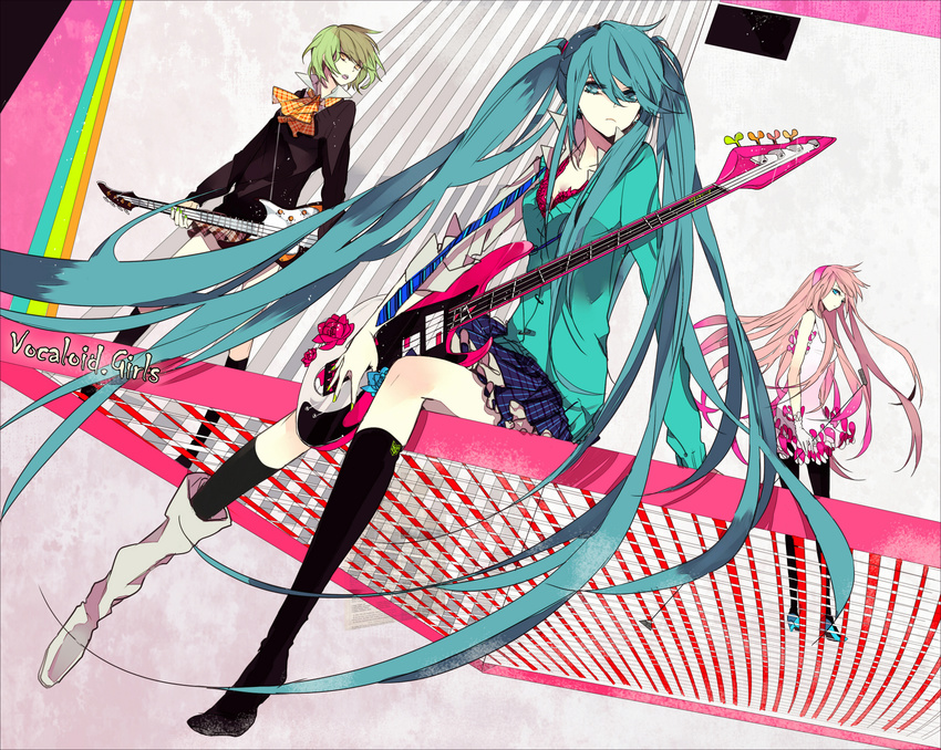 aqua_eyes aqua_hair duplicate gumi hatsune_miku highres long_hair megurine_luka multiple_girls shoes single_shoe skirt thighhighs twintails very_long_hair vocaloid